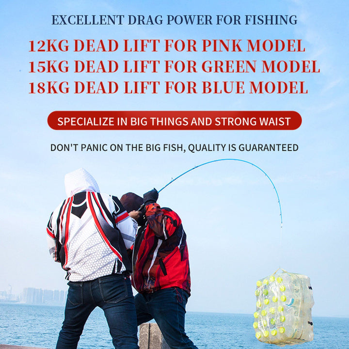 GOOFISH rod load demonstration with 12kg pink, 15kg green and 18kg blue deadlift labels, not fishing drag ratings