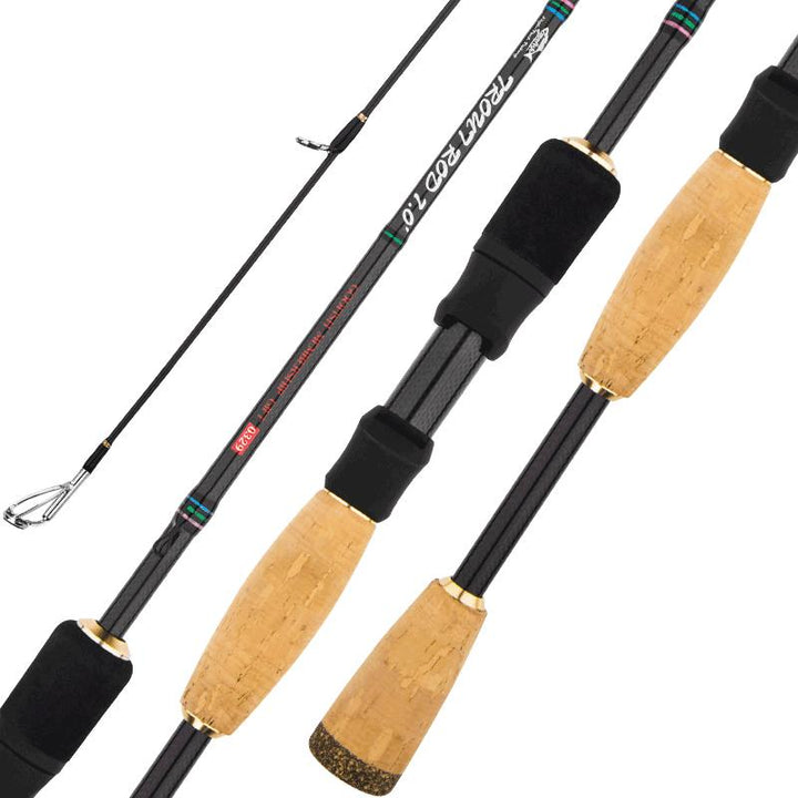 GOOFISH trout spinning rod with FUJI split reel seat, cork split grips and guide details on a white background
