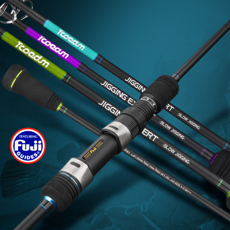 Tcoedm Jigging Expert rods with a FUJI spinning reel seat and violet, green and blue blank accents