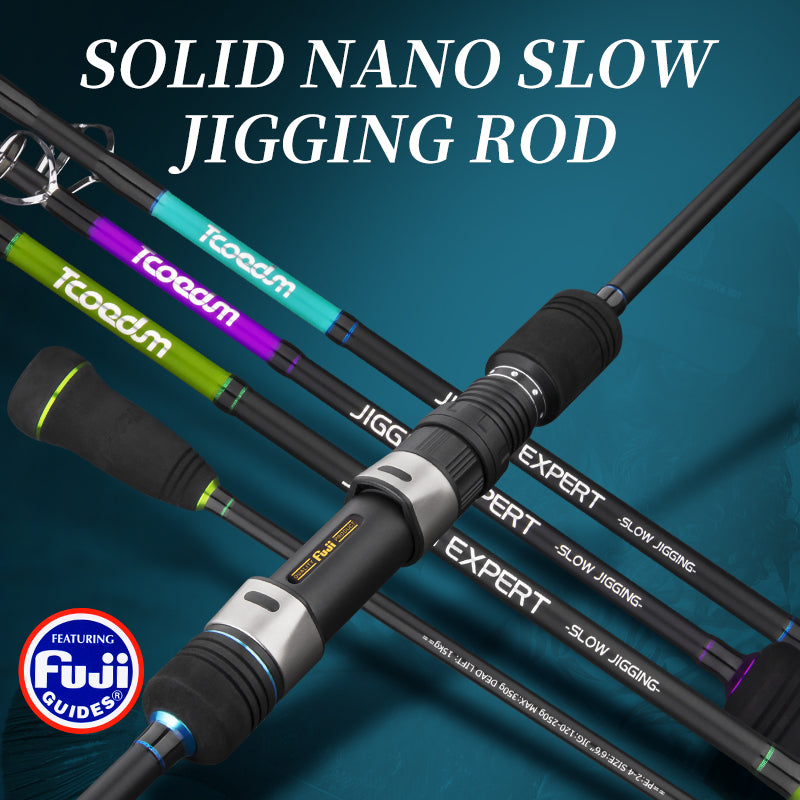 Tcoedm Solid Nano slow jigging rod lineup with three color accents and a FUJI reel-seat close-up
