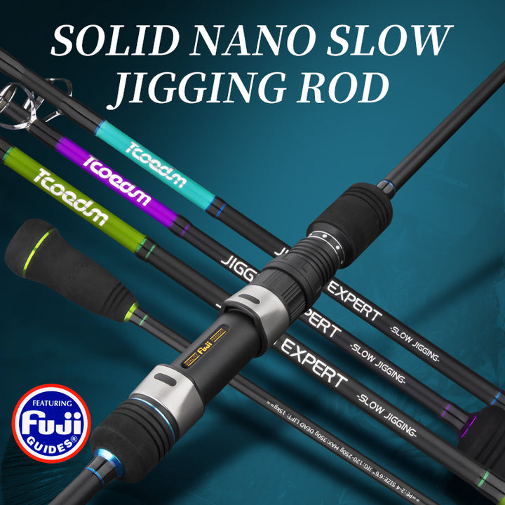 Tcoedm Solid Nano slow jigging rod lineup with three color accents and a FUJI reel-seat close-up