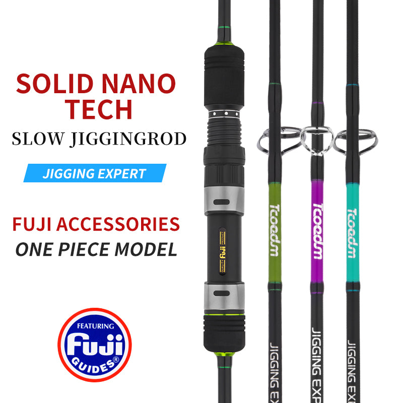 Tcoedm one-piece Solid Nano jigging rods showing FUJI components and three color-coded models